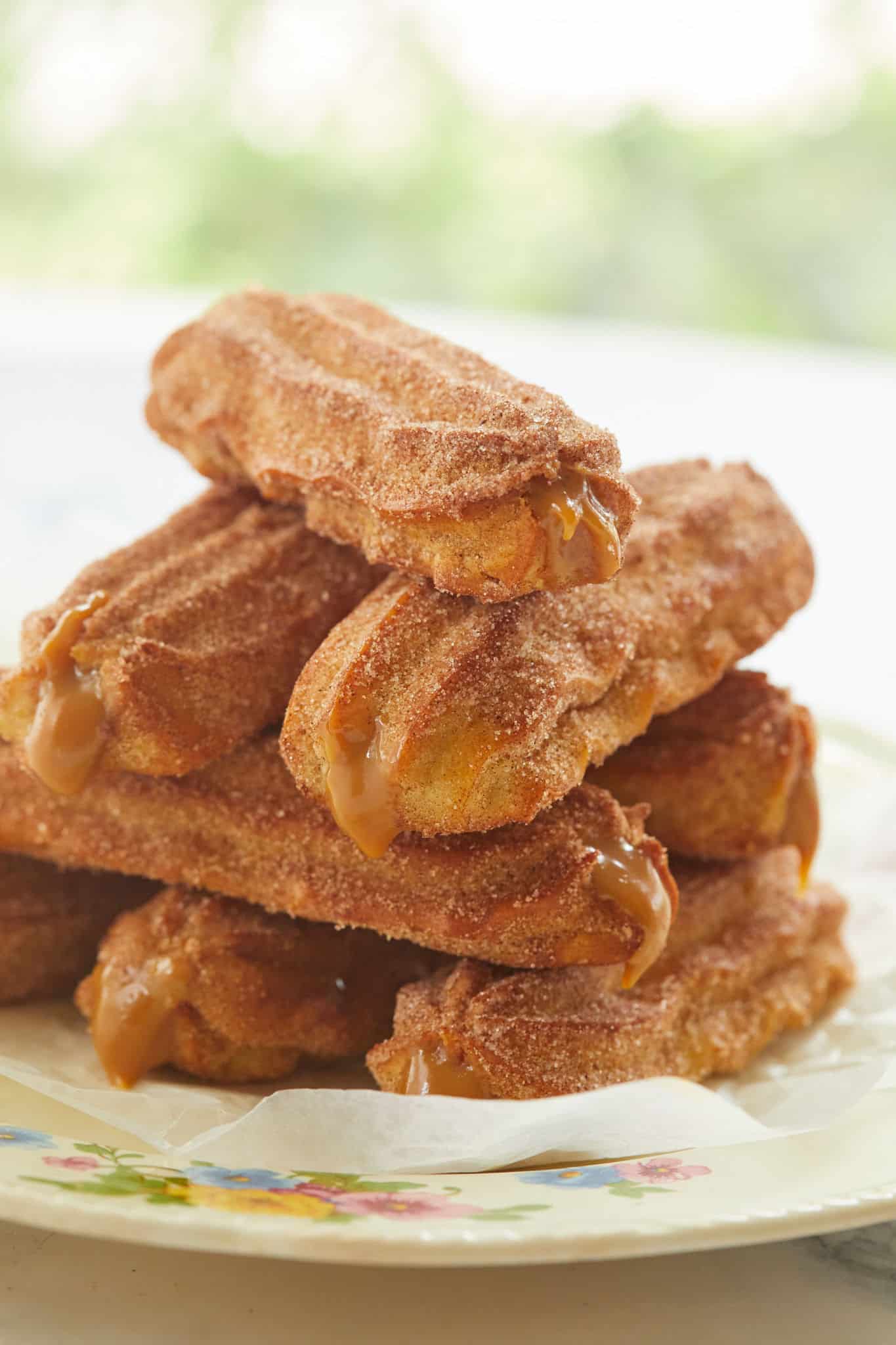 A close up of dulce de leche filled churros, baked in an air fryer.