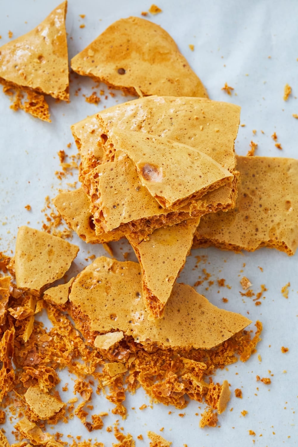 Homemade Honeycomb4 Top-down view of crushed honeycomb candy.