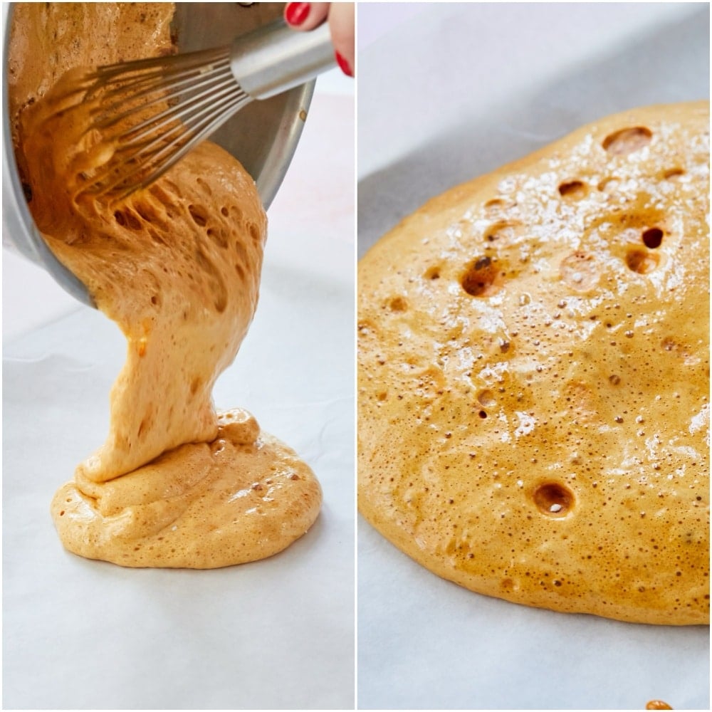 Honeycomb step4 Stop whisking as soon as the baking soda is incorporated. Working quickly, use a spatula to pour the foamy mixture onto your prepared parchment, greased surface, or a silicone baking mat.