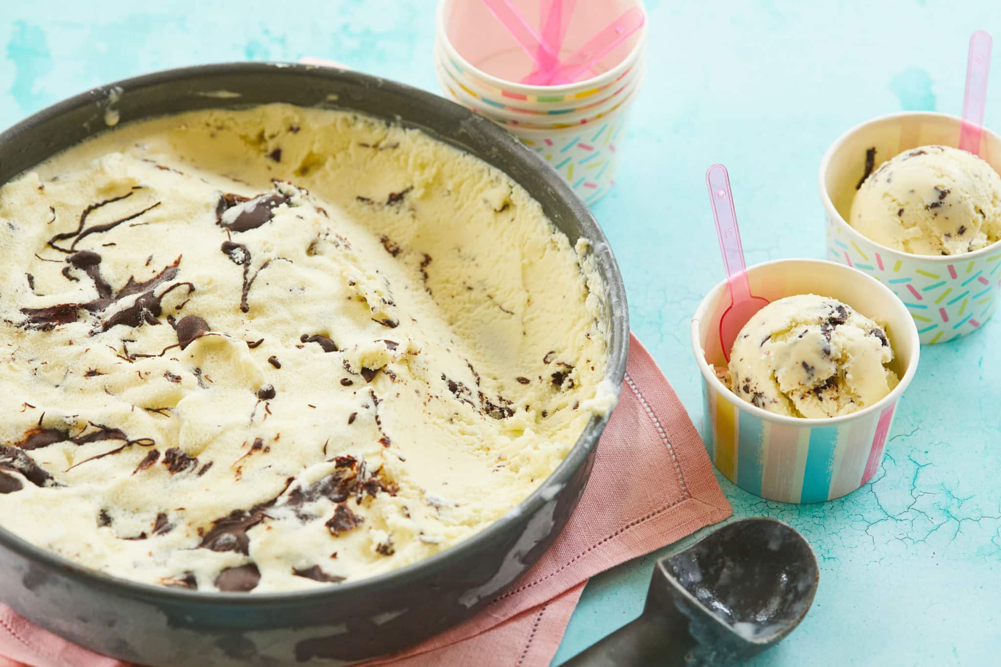 Mint Chocolate Chip Gelato scooped into two servings.