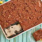 A texas sheet cake next to two servings.