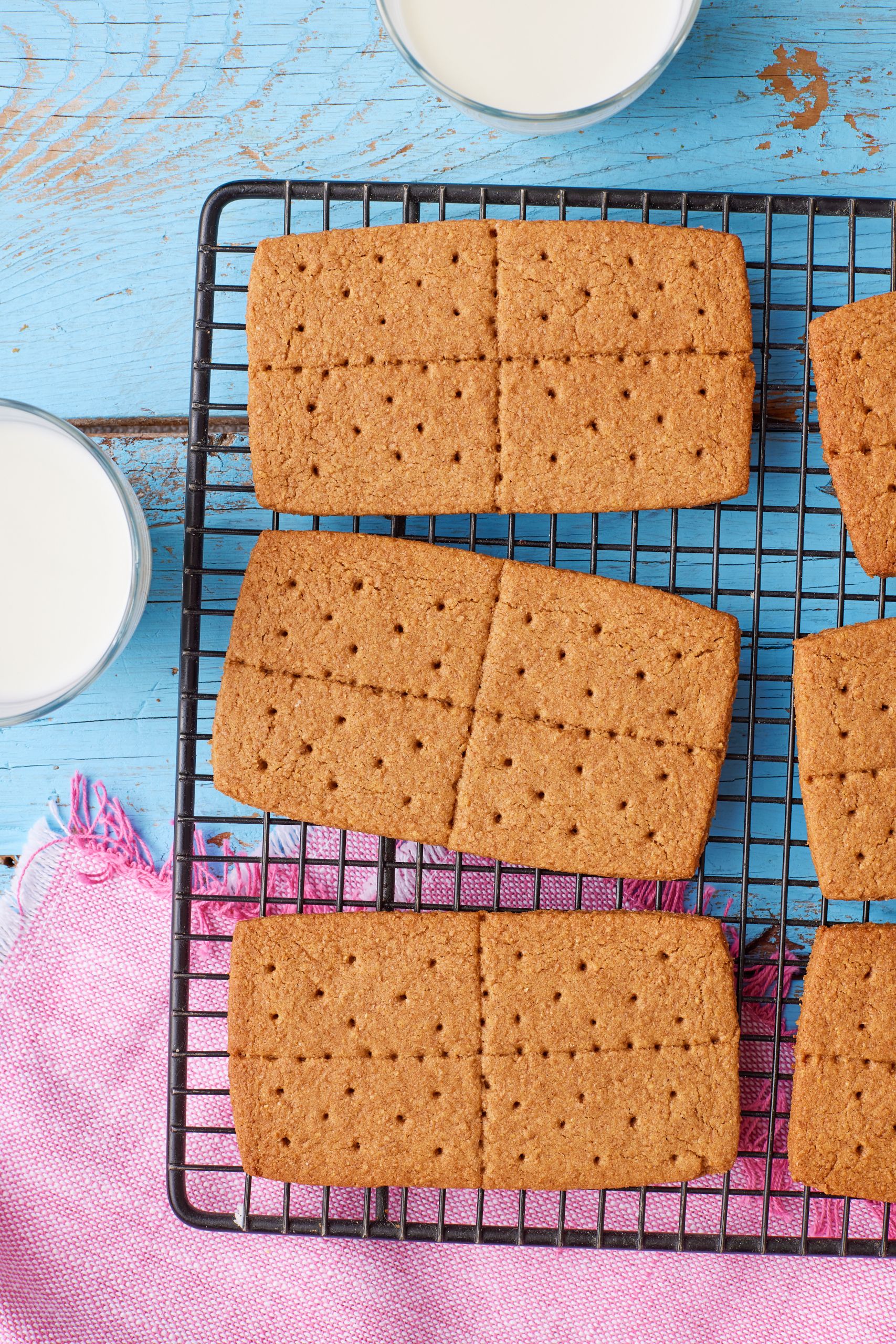 Top down view of 3 Graham crackers on the wire rack