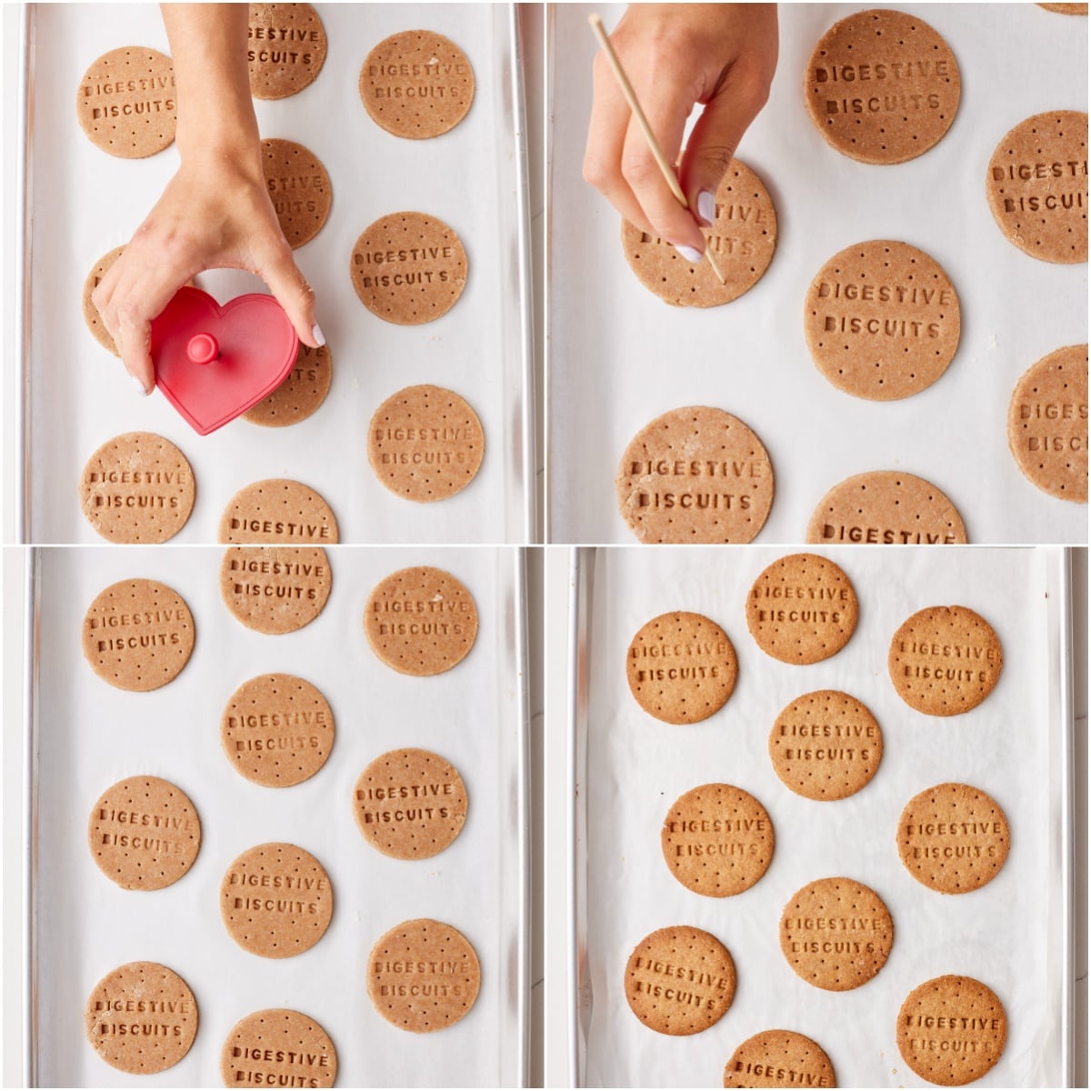 Transfer the dough rounds onto a baking tray. Stamp and prick. Then Bake until pale golden brown.
