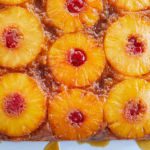 Top-down view of my pineapple upside down cake.