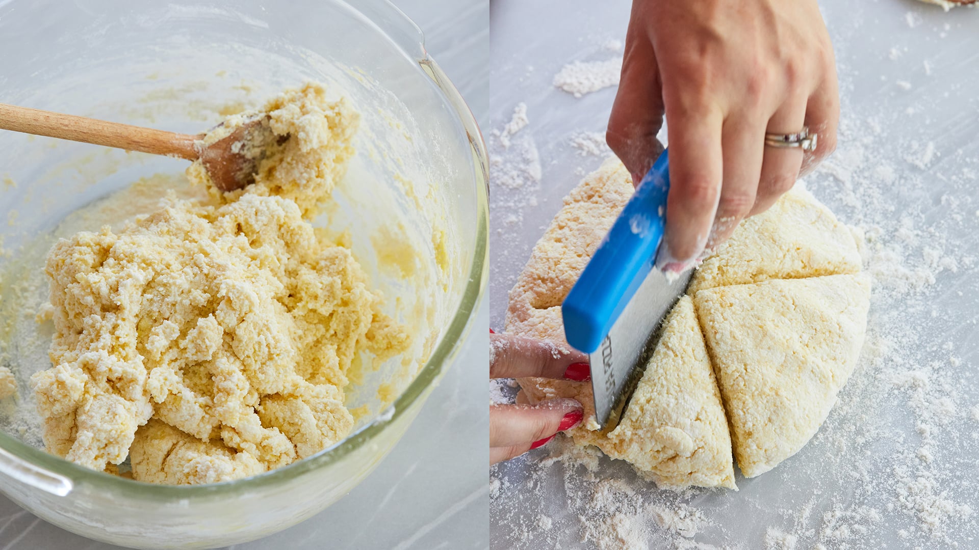 Mixing the ingredients and cutting the ball of dough.