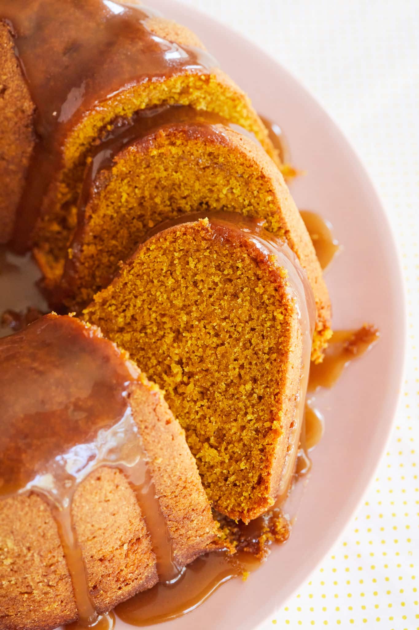 The interior of my pumpkin bundt cake, showing texture in the slices.
