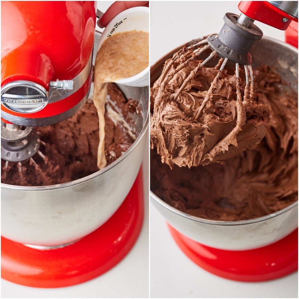 Add the milk mixture, along with the salt. Cream on high speed for roughly 3-4 more minutes until light and fluffy.