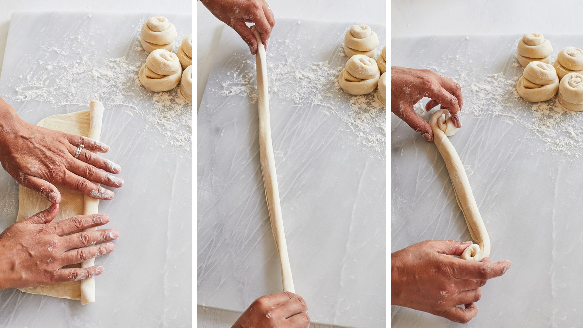 Three images rolling paratha dough into a long rope and then curling it.