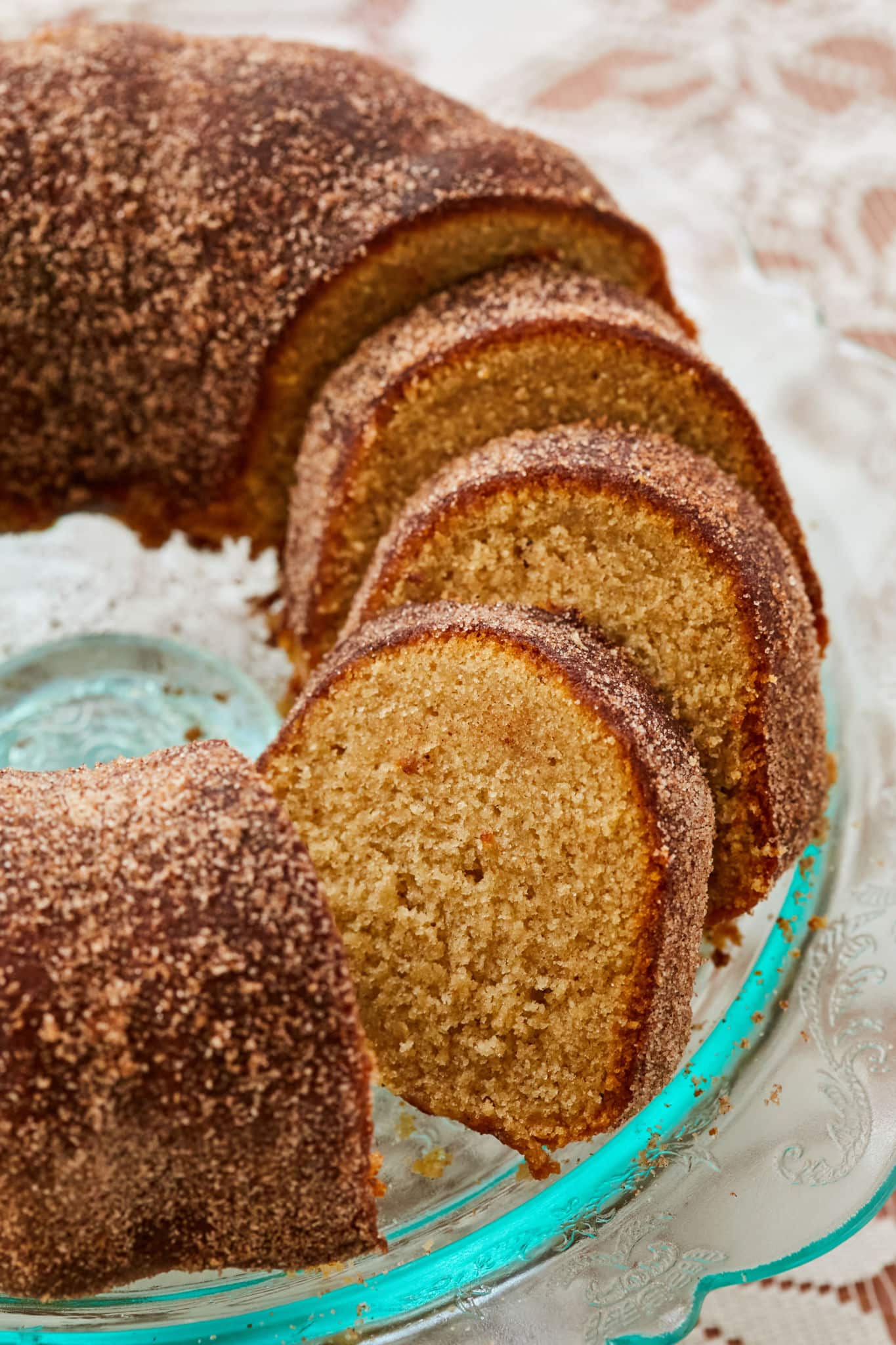 A close up of the interior of my apple cider cake.