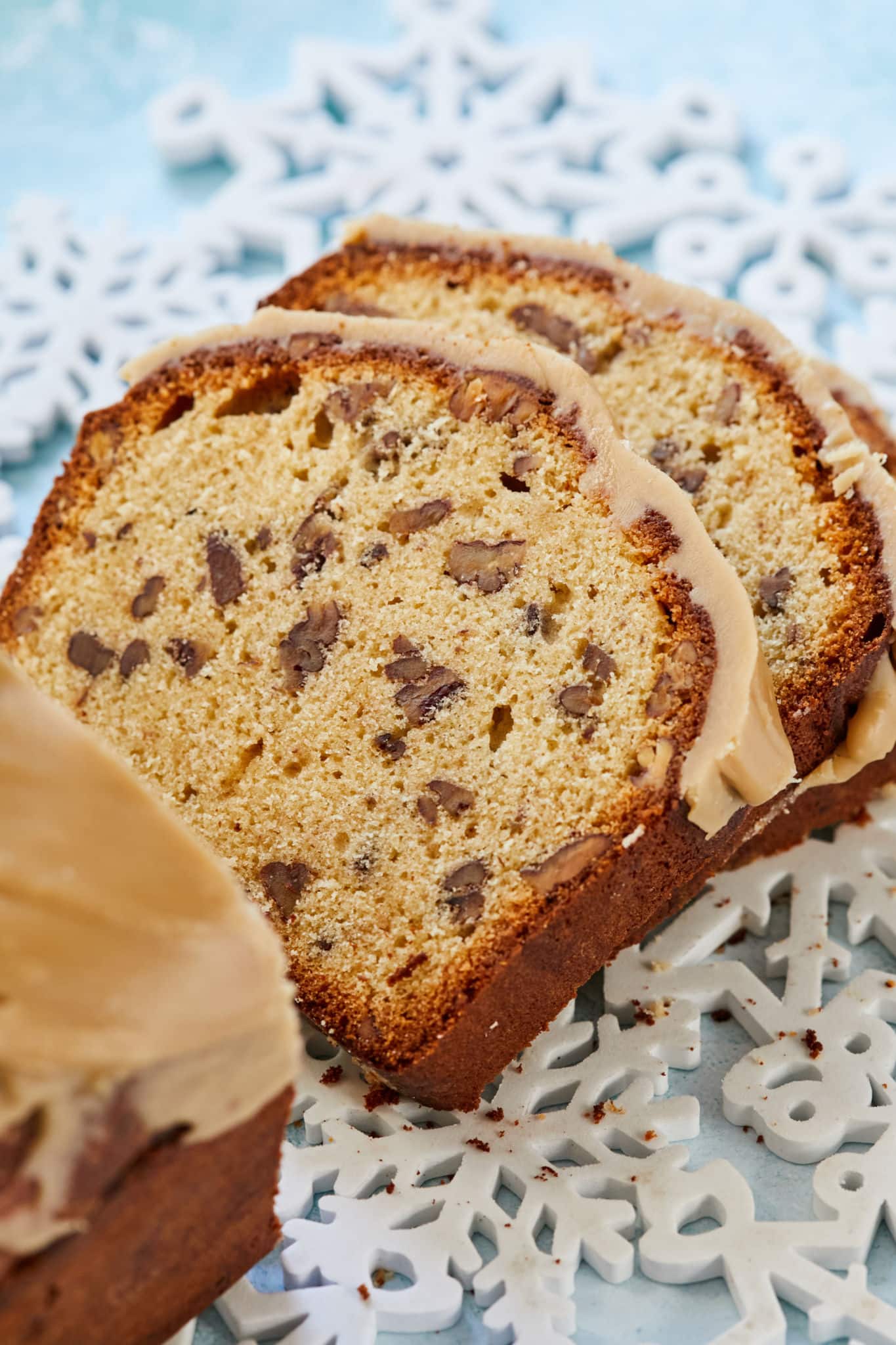 A close up of the interior of my pecan pound cake.