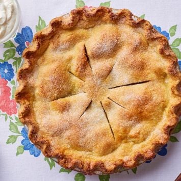Top down view of irish Apple tart with golden crust.