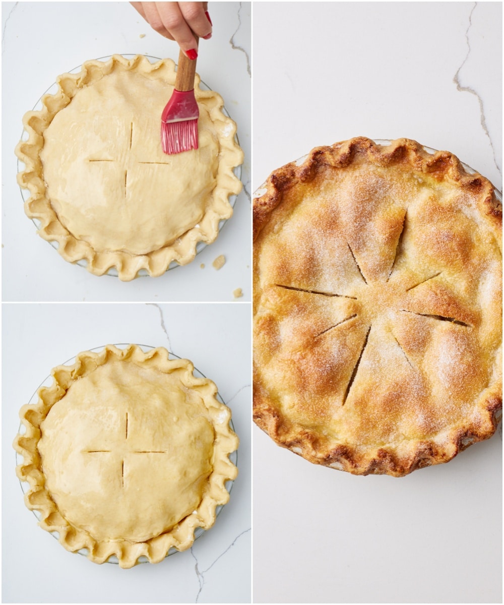 Classic Irish Apple Tart step11 Brush the pastry with the egg wash and bake for about 40–45 minutes, or until the crust is golden and the apples are tender.
