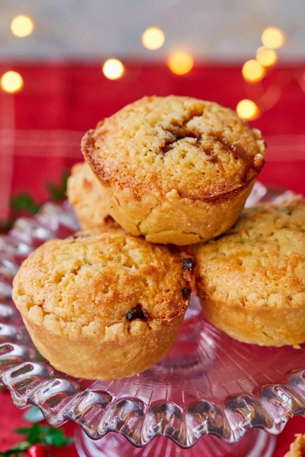 Mum’s coconut mince pies2 Mince Pies stacked on a glass stand.