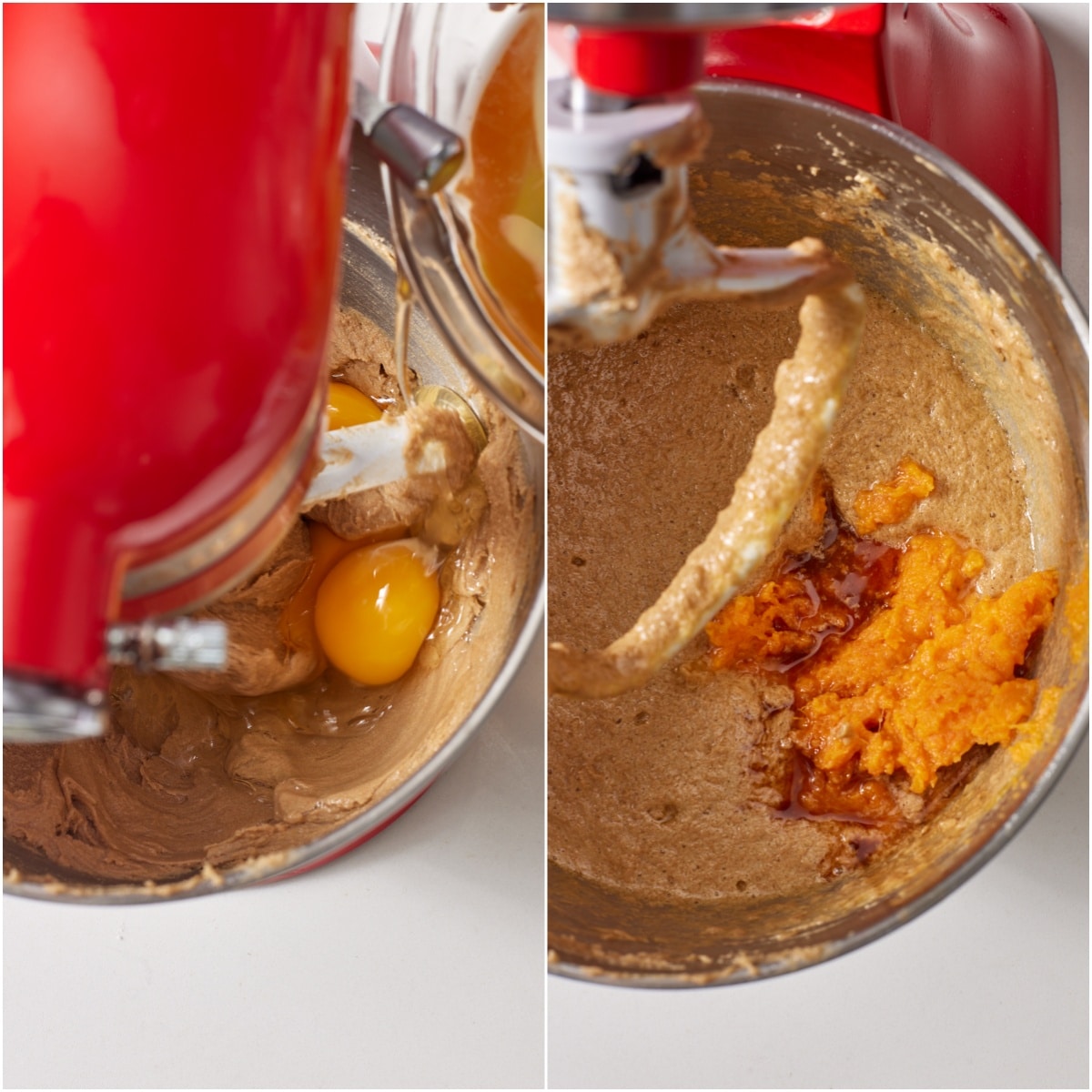 Pumpkin Bundt Cake step4 Add eggs and pumpkin puree into the stand mixer admix until combined.