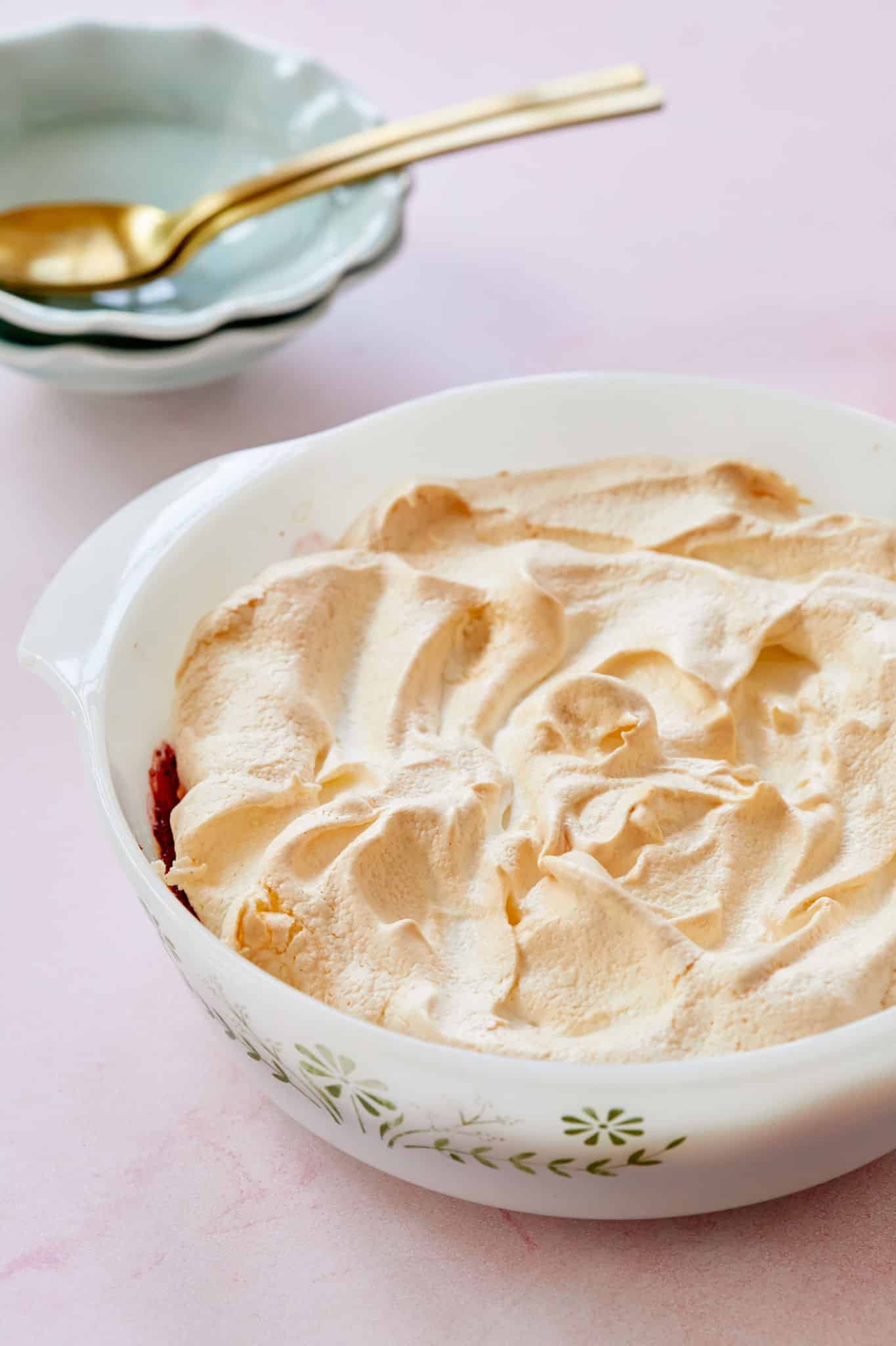 Queen of Puddings recipe topped with meringue.
