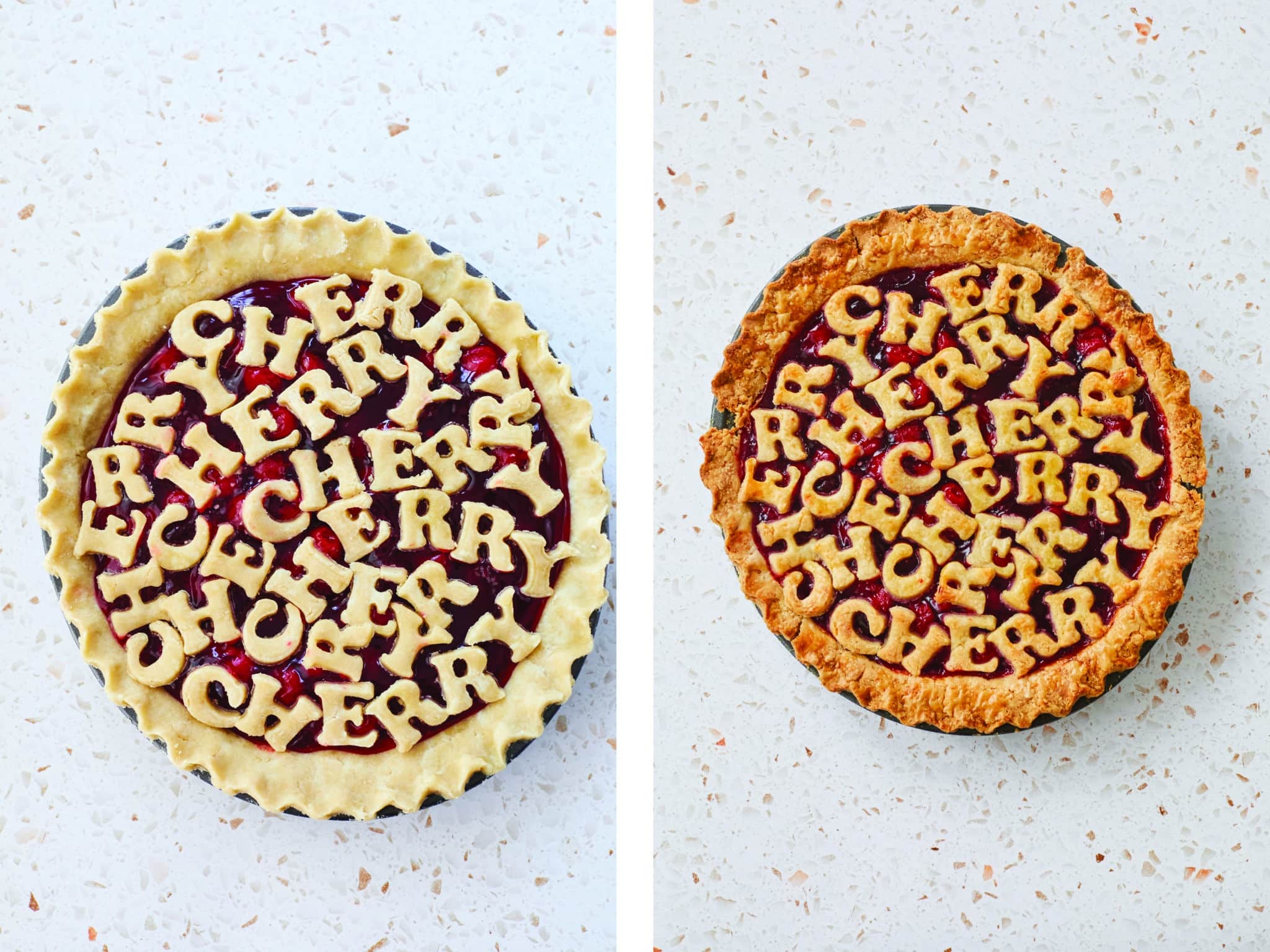 Before and after baking a pie with cutout letters.
