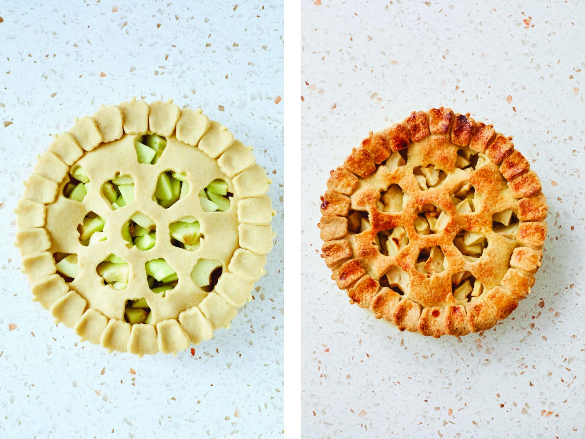 An unbaked and baked pie featuring cutouts.