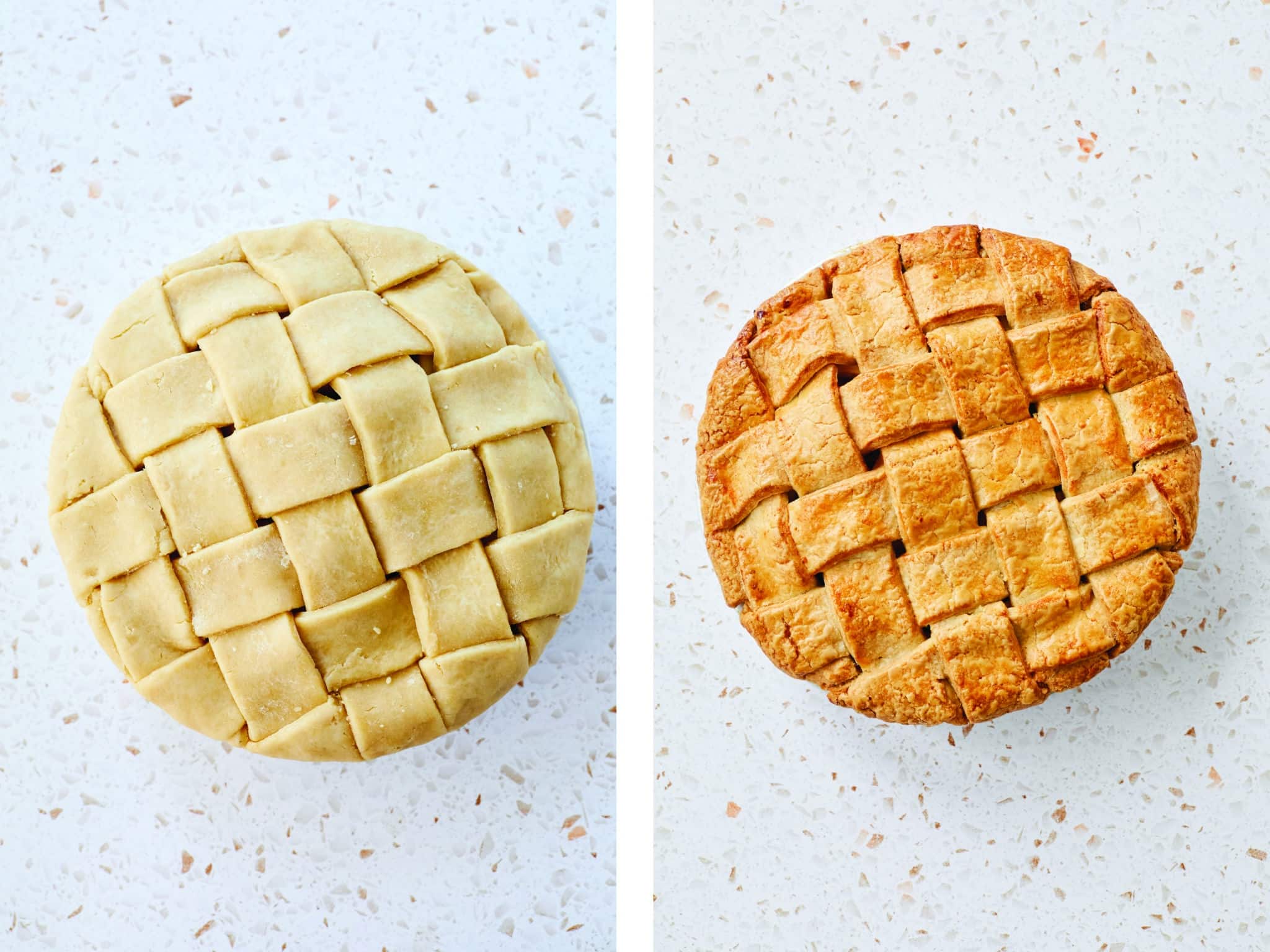 The before and after of a lattice pie.