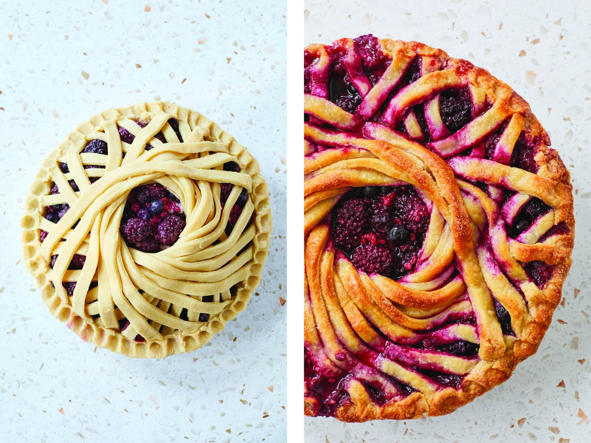 Before and after baking a pie with geometric designs.