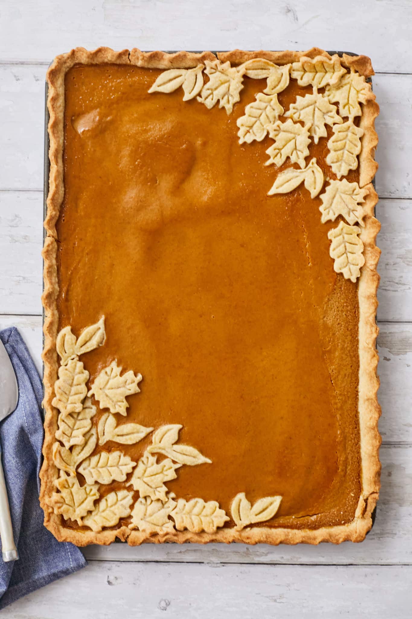 Pumpkin Slab Pie2 Pumpkin Slab Pie decorated with pie crust leaves in two diagonal corners
