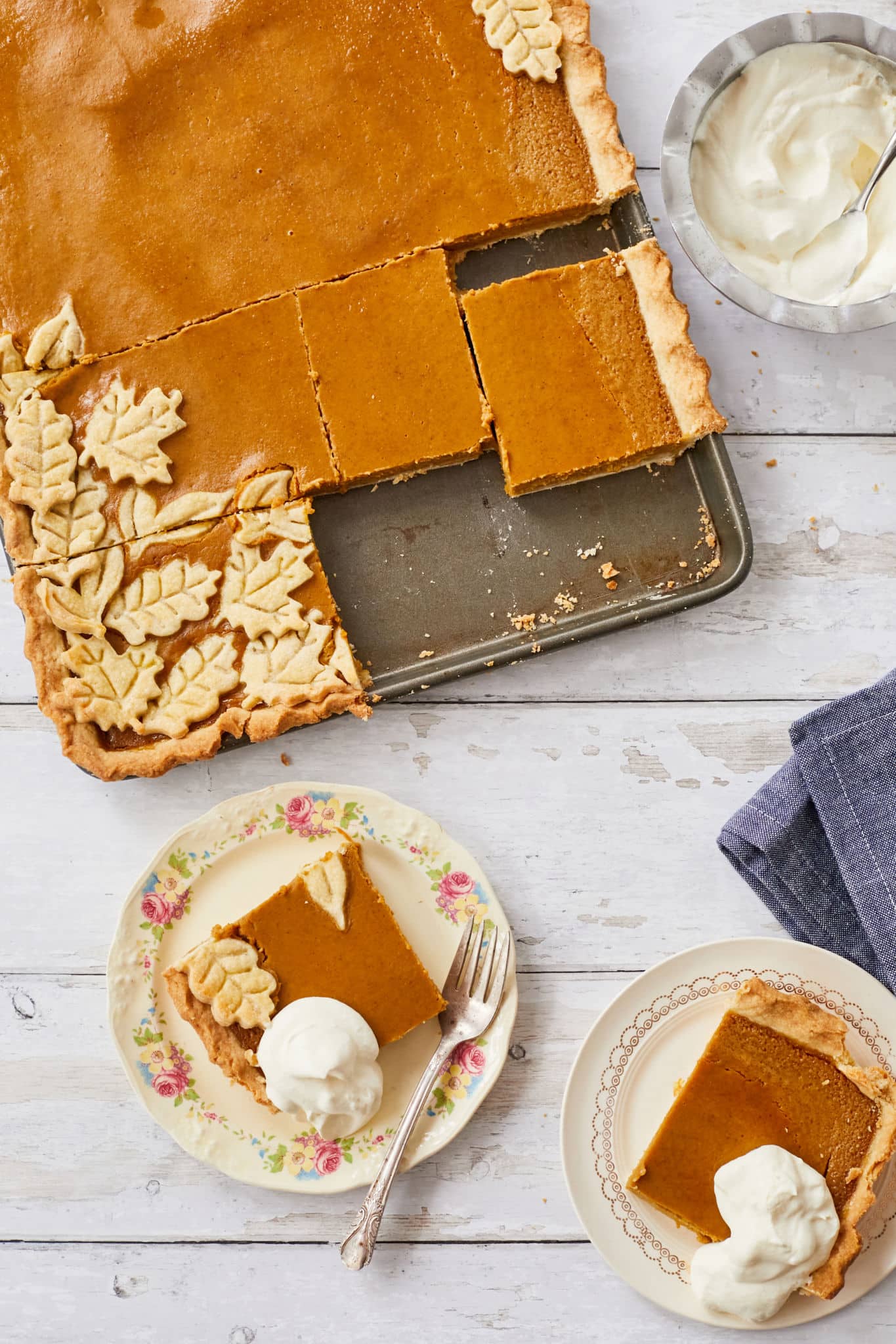 Slices of pumpkin pie straight from the slab.