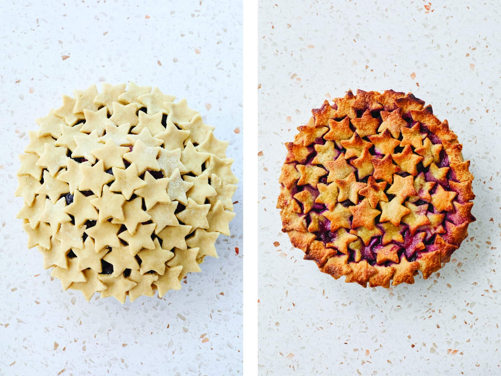 Before and after baking a pie with star cutouts.