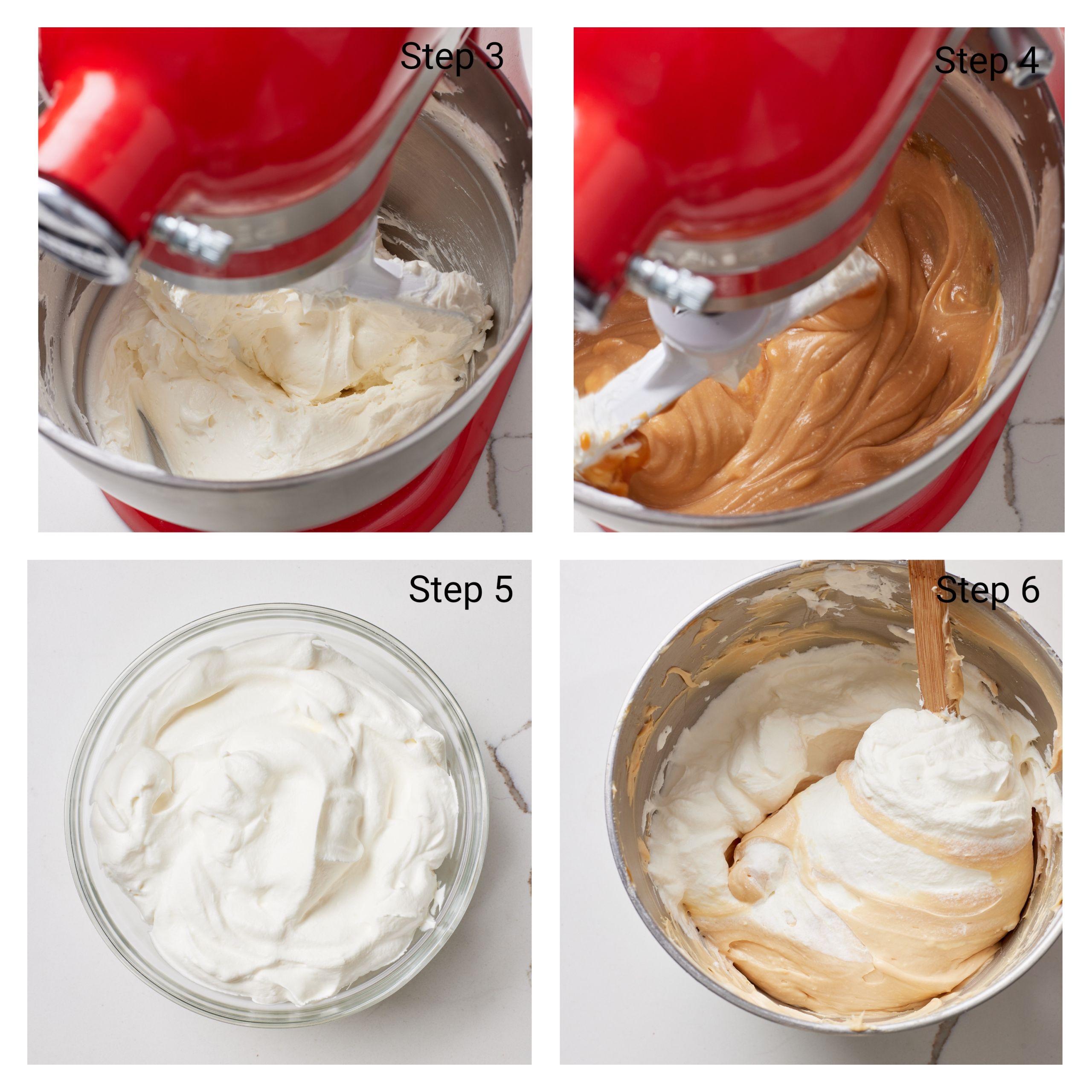 Step-by-step instructions on how to make Chocolate Brownie Trifle: Beat the softened cream cheese until smooth and no lumps. Add in Salted Caramel Sauce, vanilla and sugar. Continue to beat on high until fluffy. Whip the cream in a large bowl until soft peaks instead of stiff peaks form. Fold half the whipped cream into the caramel mouse. 