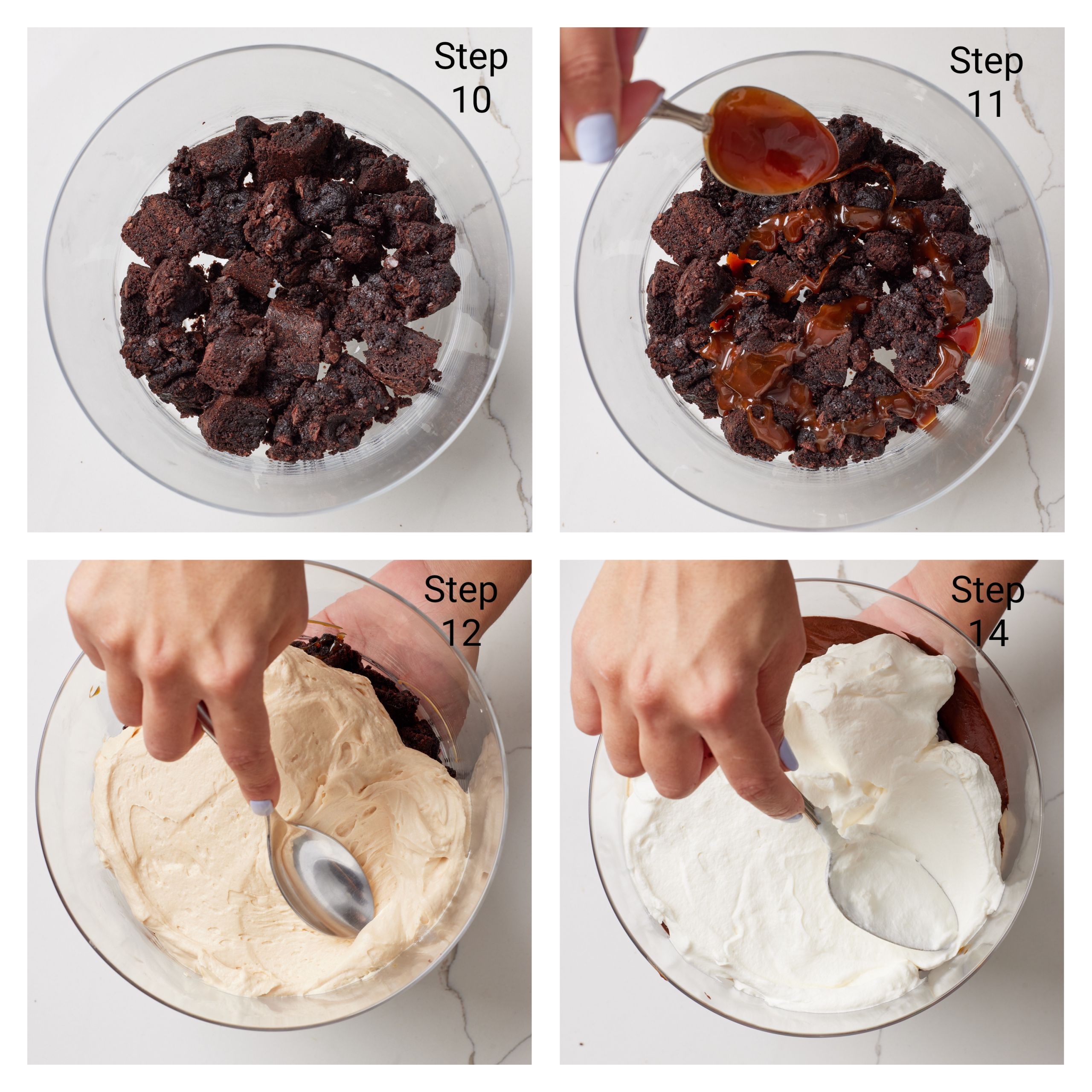 Step-by-step instructions on how to make Brownie Trifle: In a large trifle dish (or a big glass serving dish) crumble in your fudge brownie or cut them into 1-inch squares. Next, spoon over some Salted Caramel sauce to moisten the brownie. Scoop in a large spoonful of the Salted Caramel Mousse and move it around to reach the edges. Lastly, spoon on the whipped cream layer all the way to the edges. 