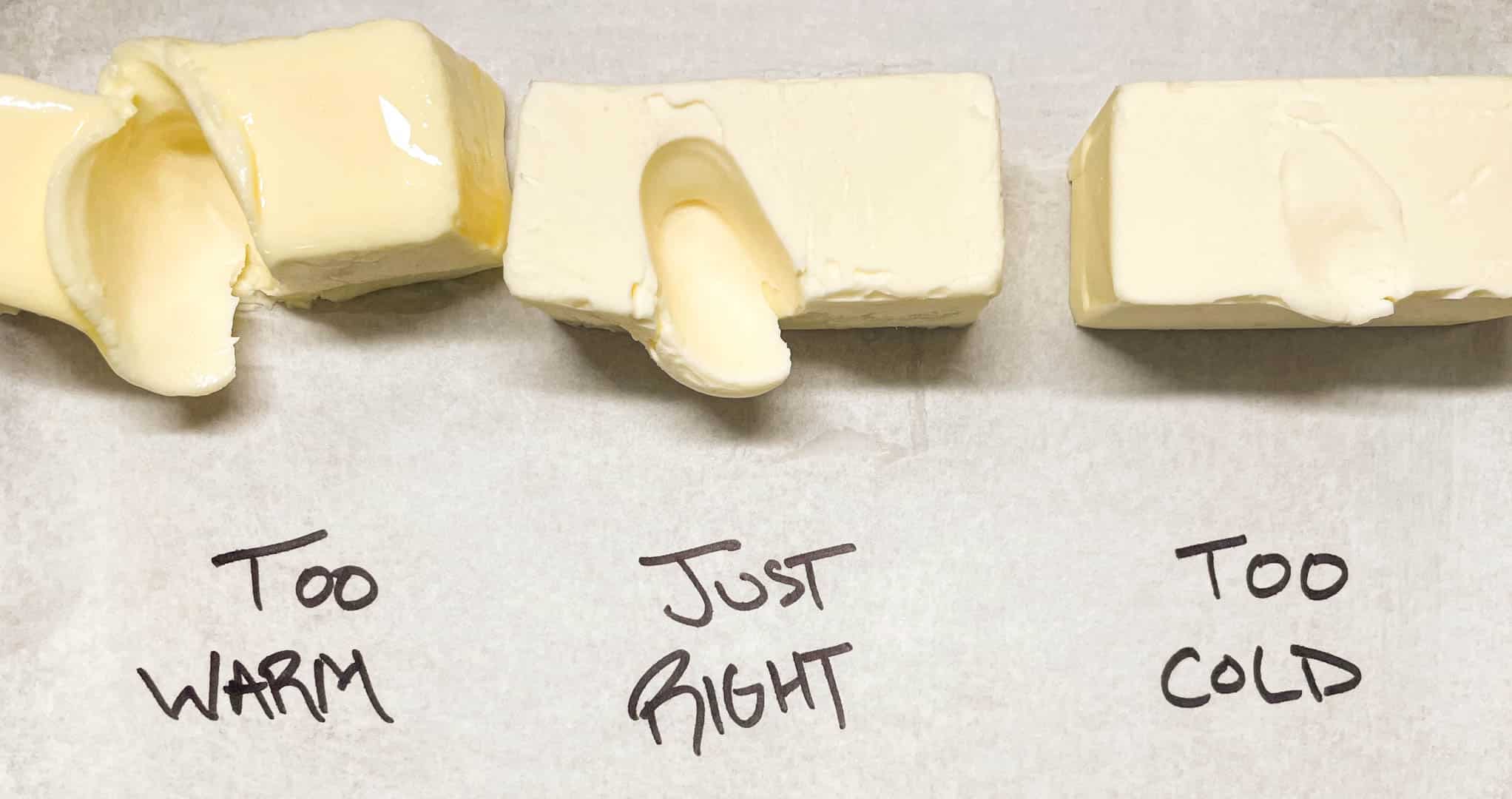 Three sticks of butter showing different softness.