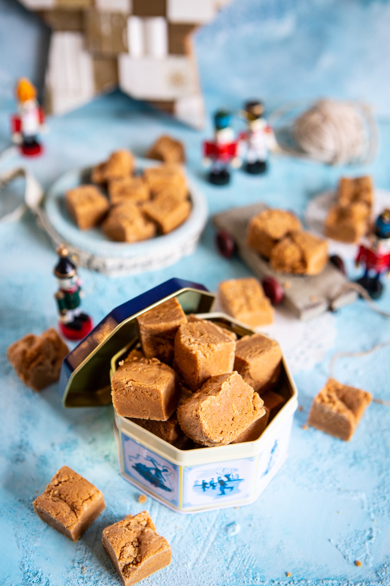 Salted Caramel Fudge in a holiday tin