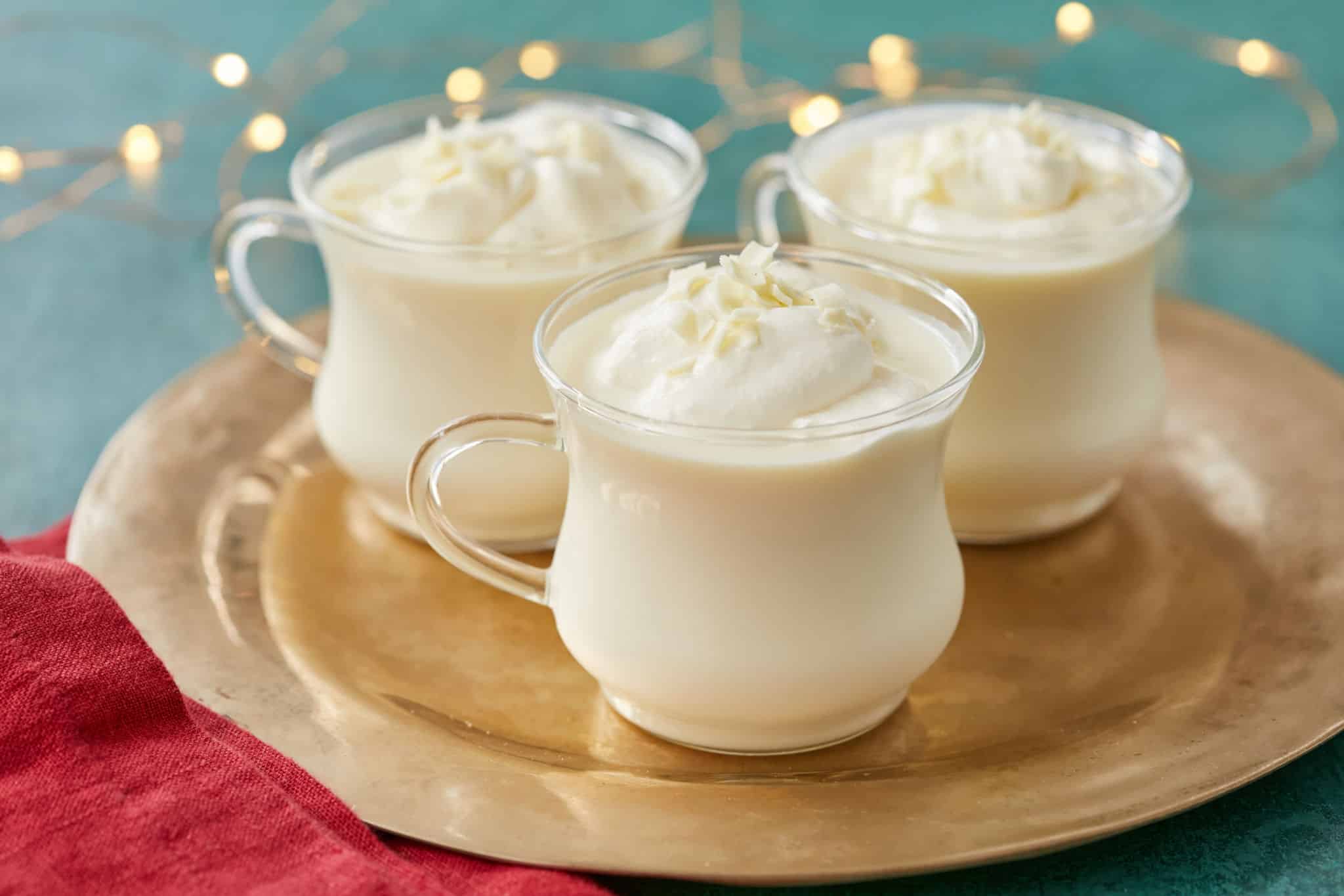 White Hot Chocolates in mugs on a dish