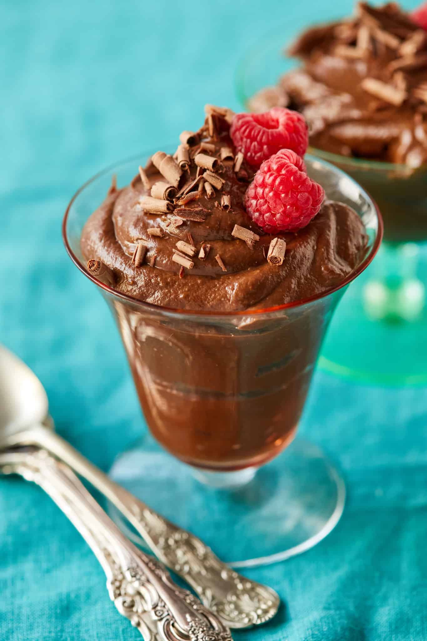 Avocado Chocolate Pudding, topped with raspberries.