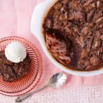 Chocolate bread & butter pudding both served and in the baking dish.