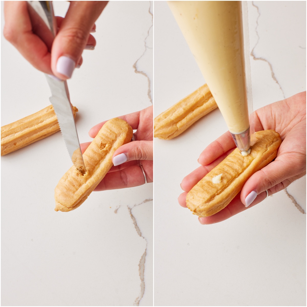 EclairsSTEP21 Once éclairs are fully cooled, pipe cream into the two steam-release holes at the base.