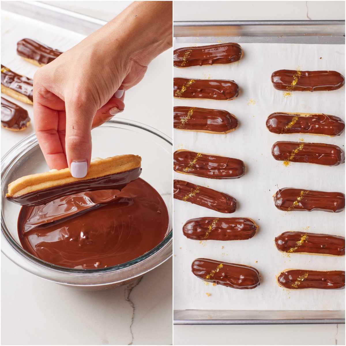 EclairsSTEP22 Dip the tops of the éclairs into the ganache. Let excess drip off, then refrigerate for 10 minutes to set if desired.