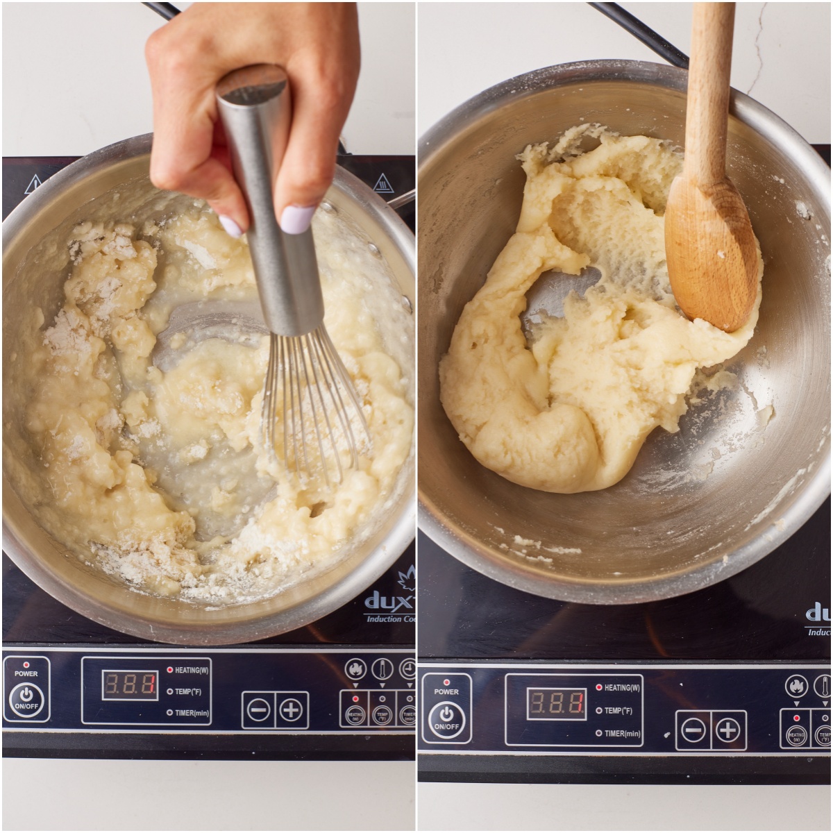EclairsSTEP3 Add flour and whisk until forms a dough.