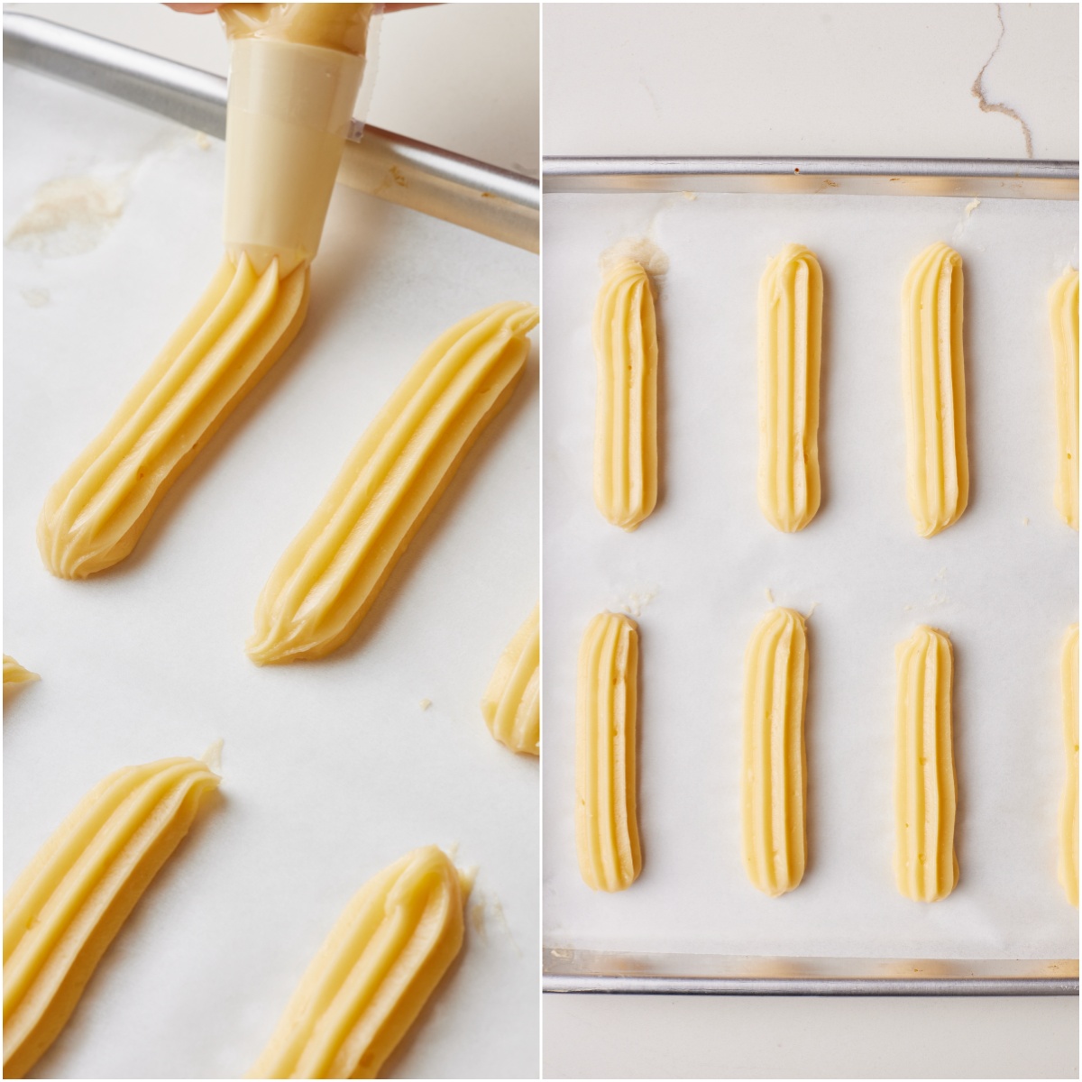 EclairsSTEP8 Pipe the choux: Transfer the choux paste to a piping bag fitted with a French star tip (or a large round tip). Pipe 4-inch éclairs onto your prepared baking sheets.