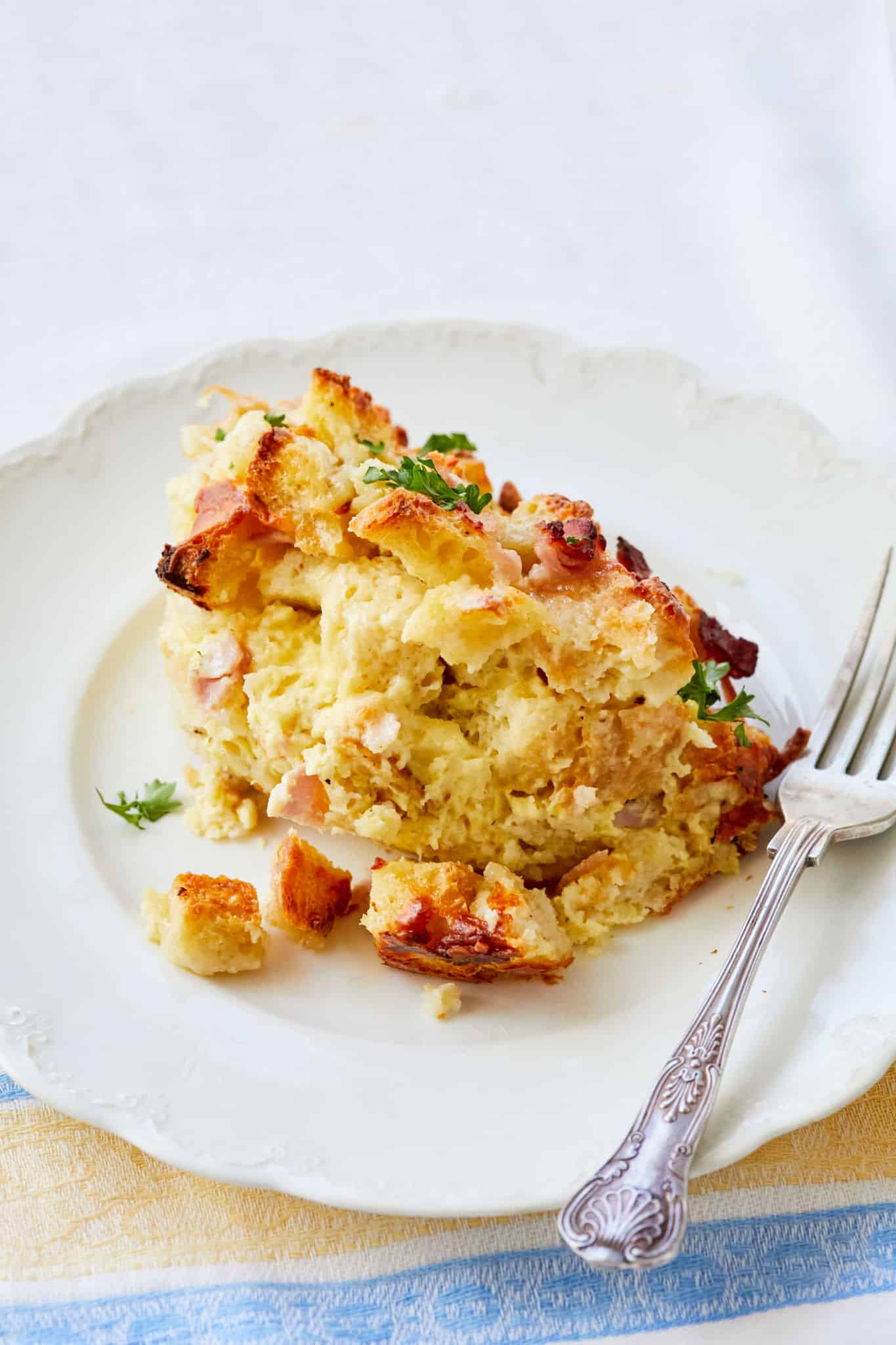 A heaping serving of Croque Monsieur Savory Bread Pudding