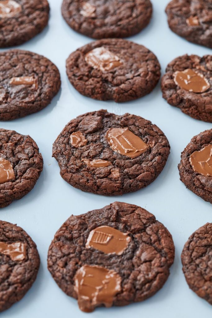 Triple chocolate chip cookies with pools of melted chocolate