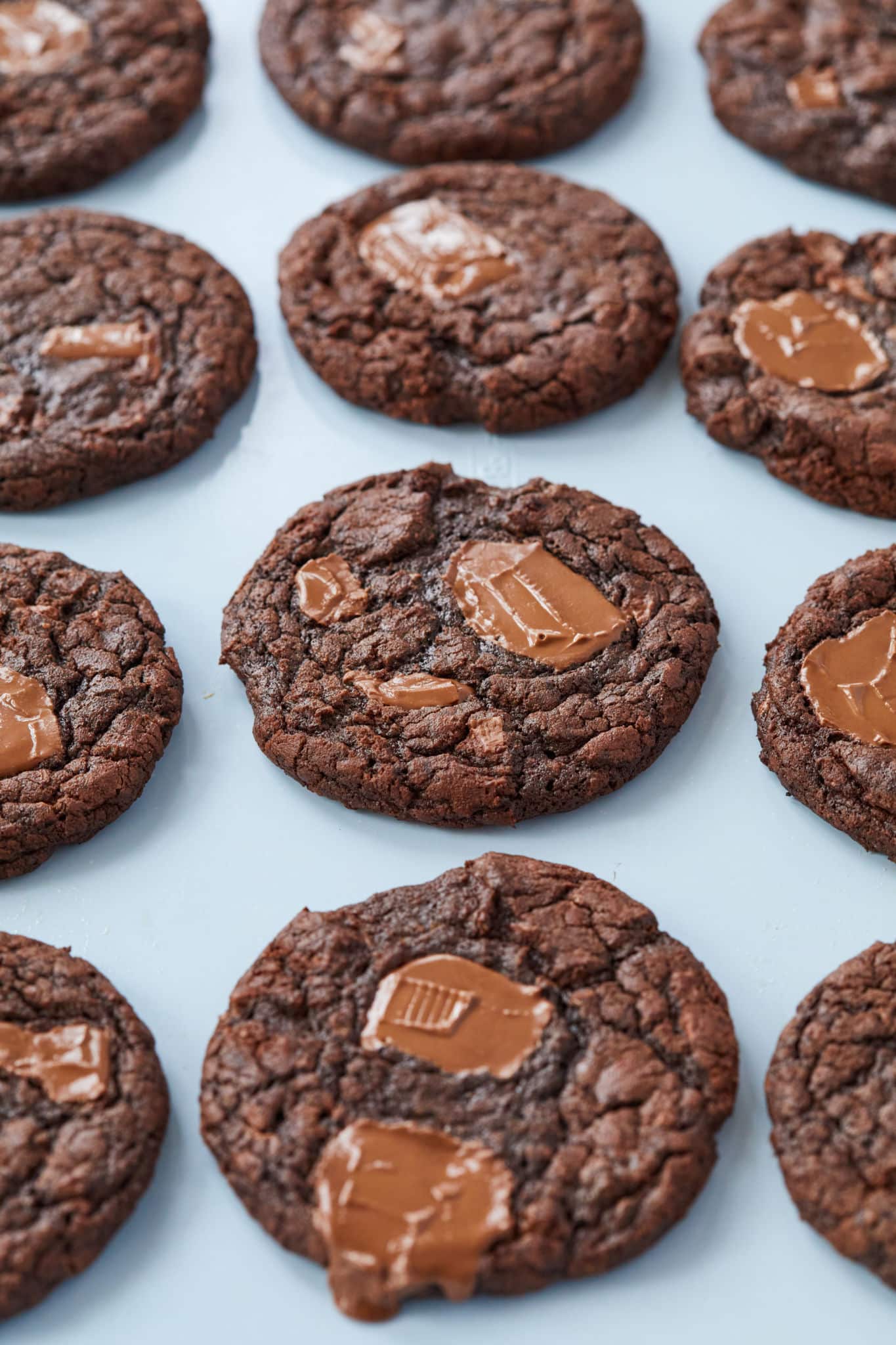 A grid of triple chocolate chip cookies.