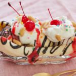 A classic banana split with toppings.