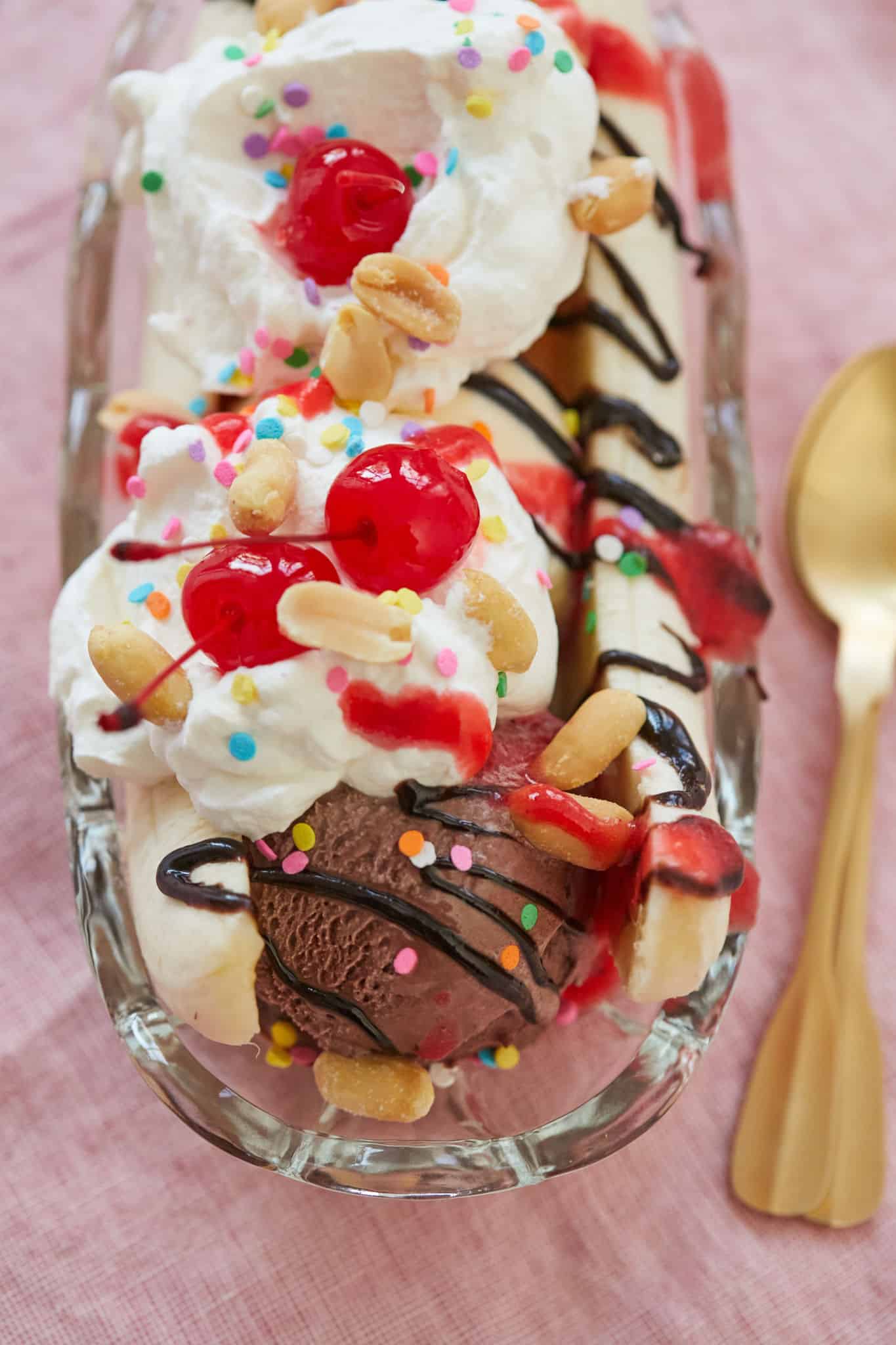 A close-up look at the toppings on the homemade banana split.