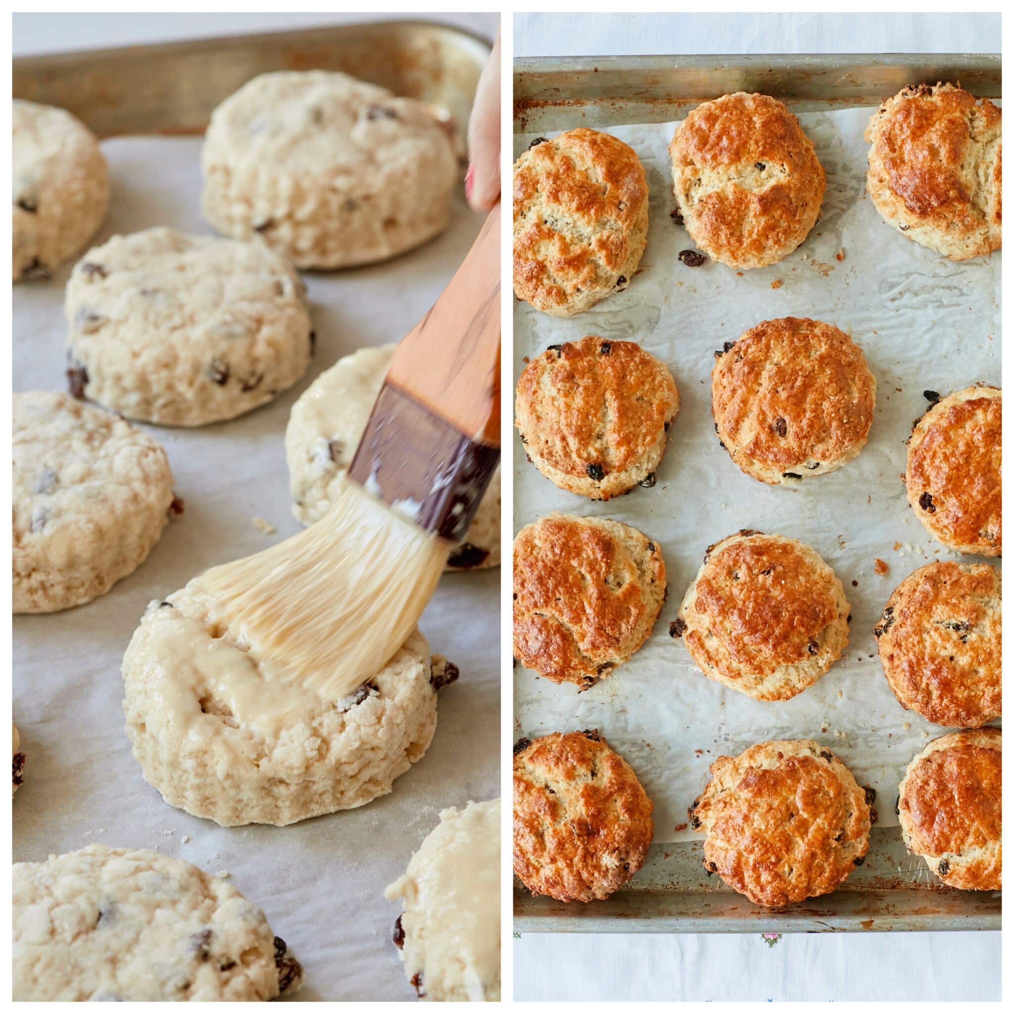 How to bake Irish Scones: brush the top with egg wash and bake them until golden brown. 