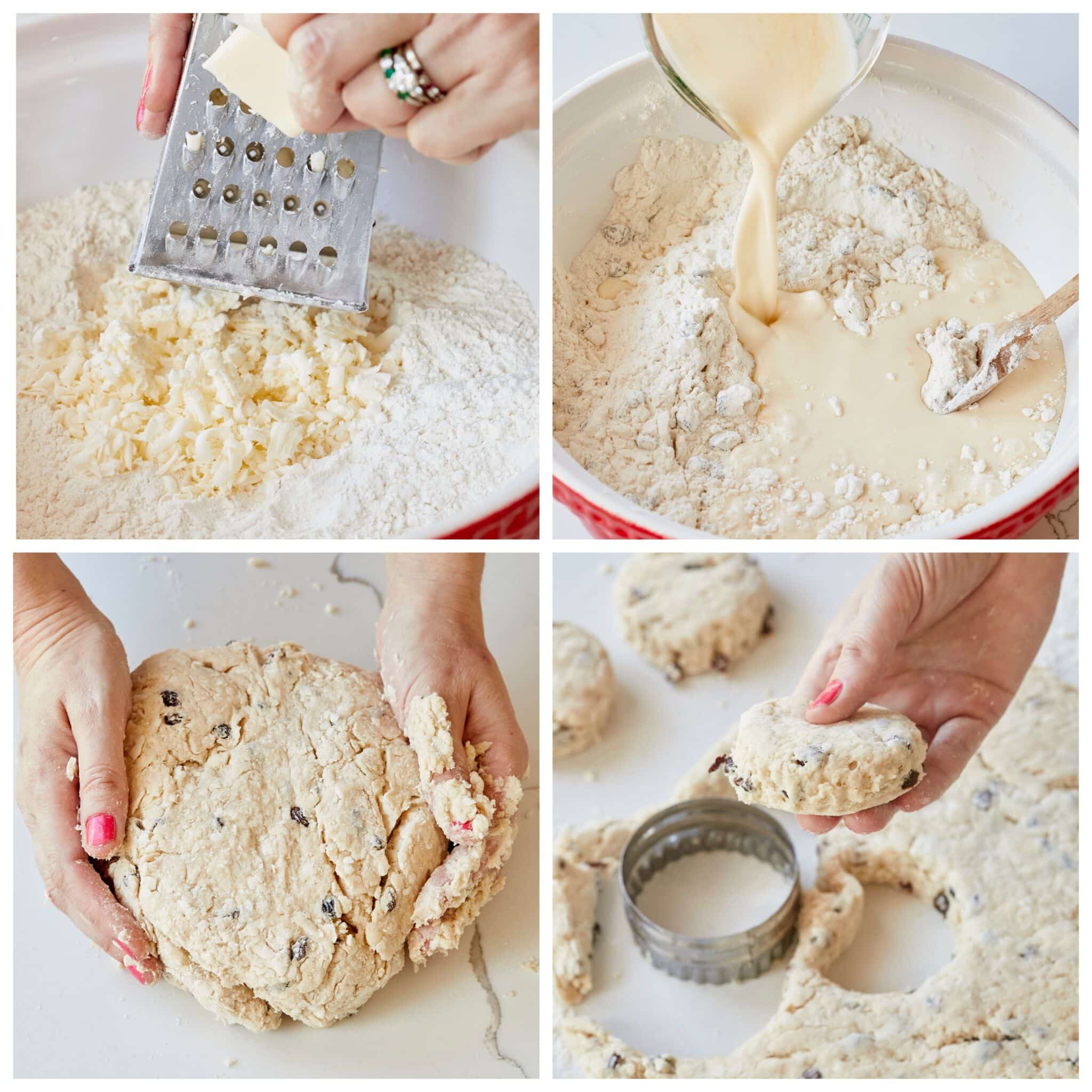 Step-by-step instructions on how to make Irish Scones: grated cold butter into the flour mix, add in milk and egg mixture, gently bring the dry and wet ingredients in to a ball. Press the dough to about 1 inch thick and cut out 3-inch circles. 