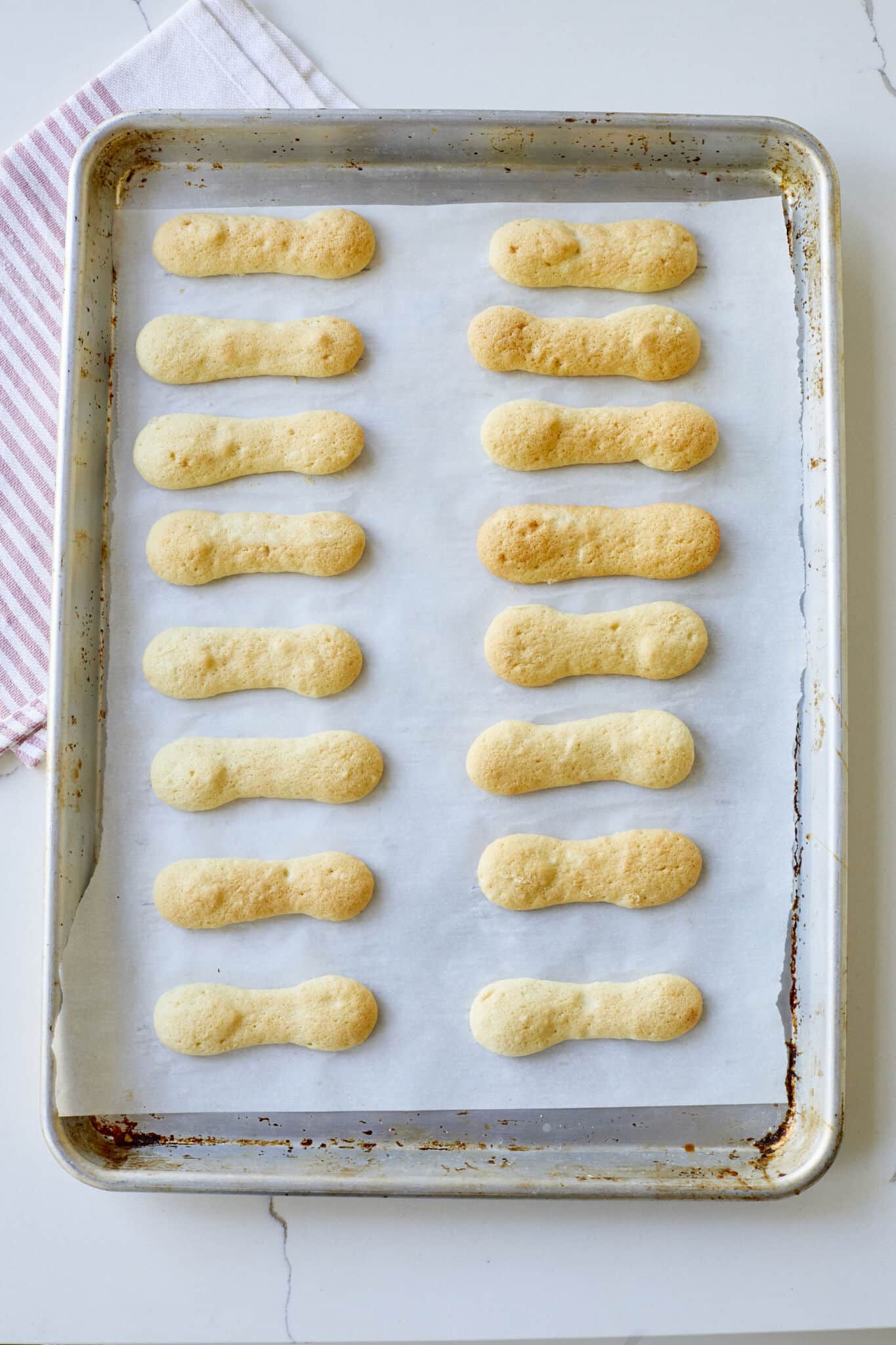 Baked homemade ladyfingers on a tray 