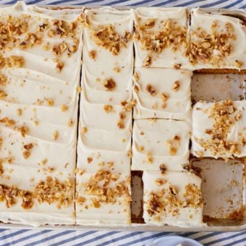 Top-down view of my carrot cake sheet cake.