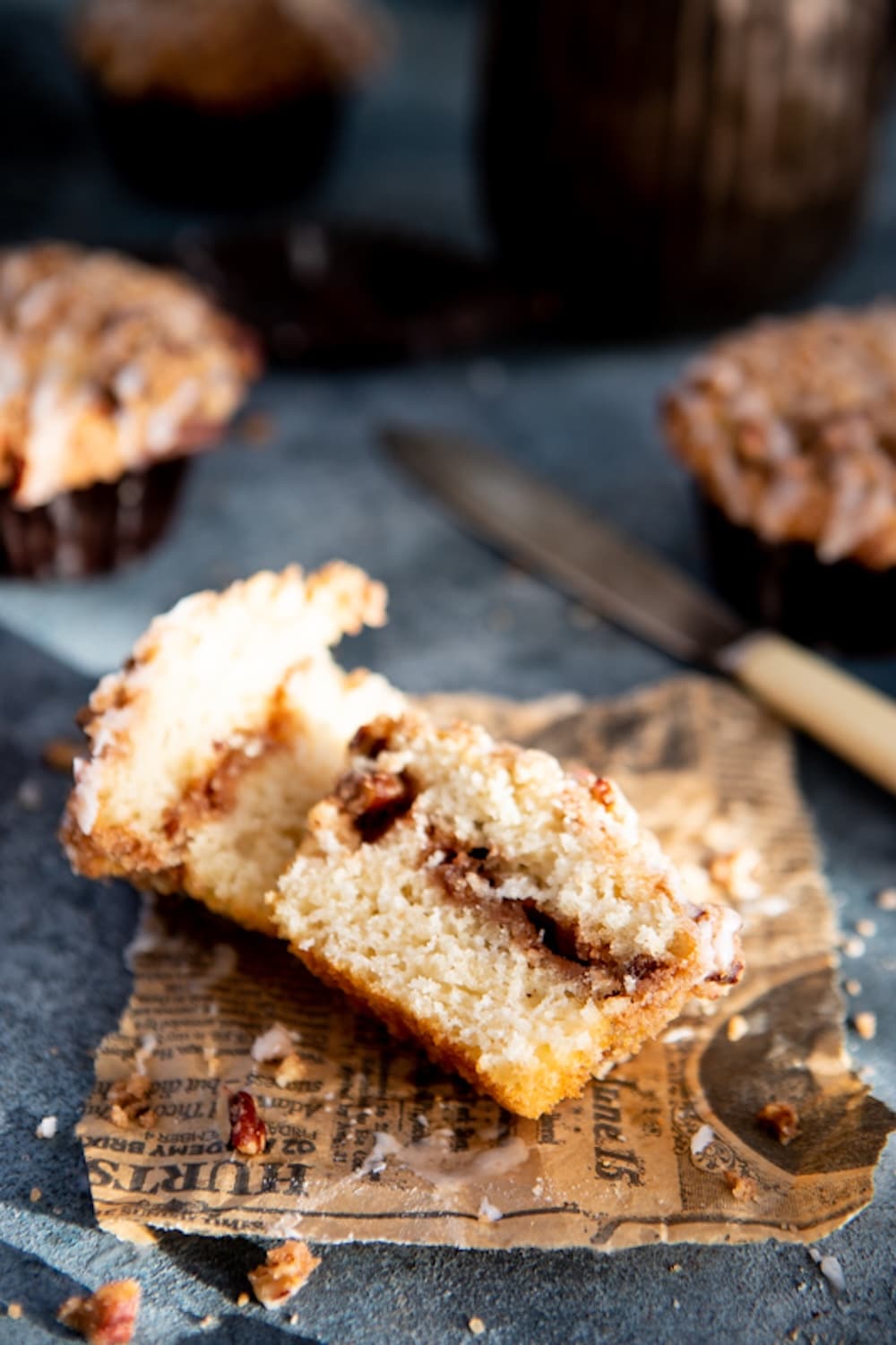 A cinnamon roll muffin cut in half
