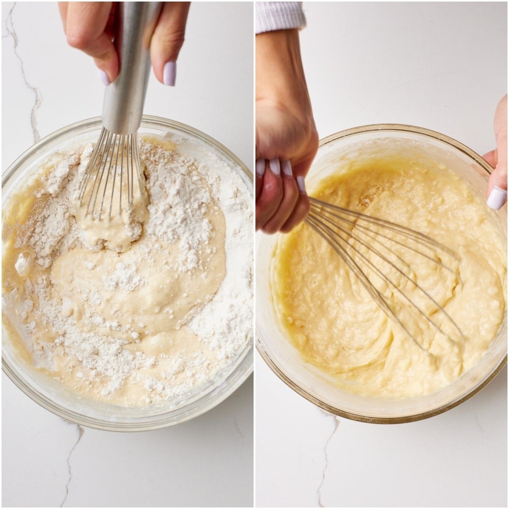 Make a well in the center and add the egg, milk, oil, and vanilla. Roughly mix the ingredients together with a spoon or spatula until just combined (there may be a few lumps, that’s fine).