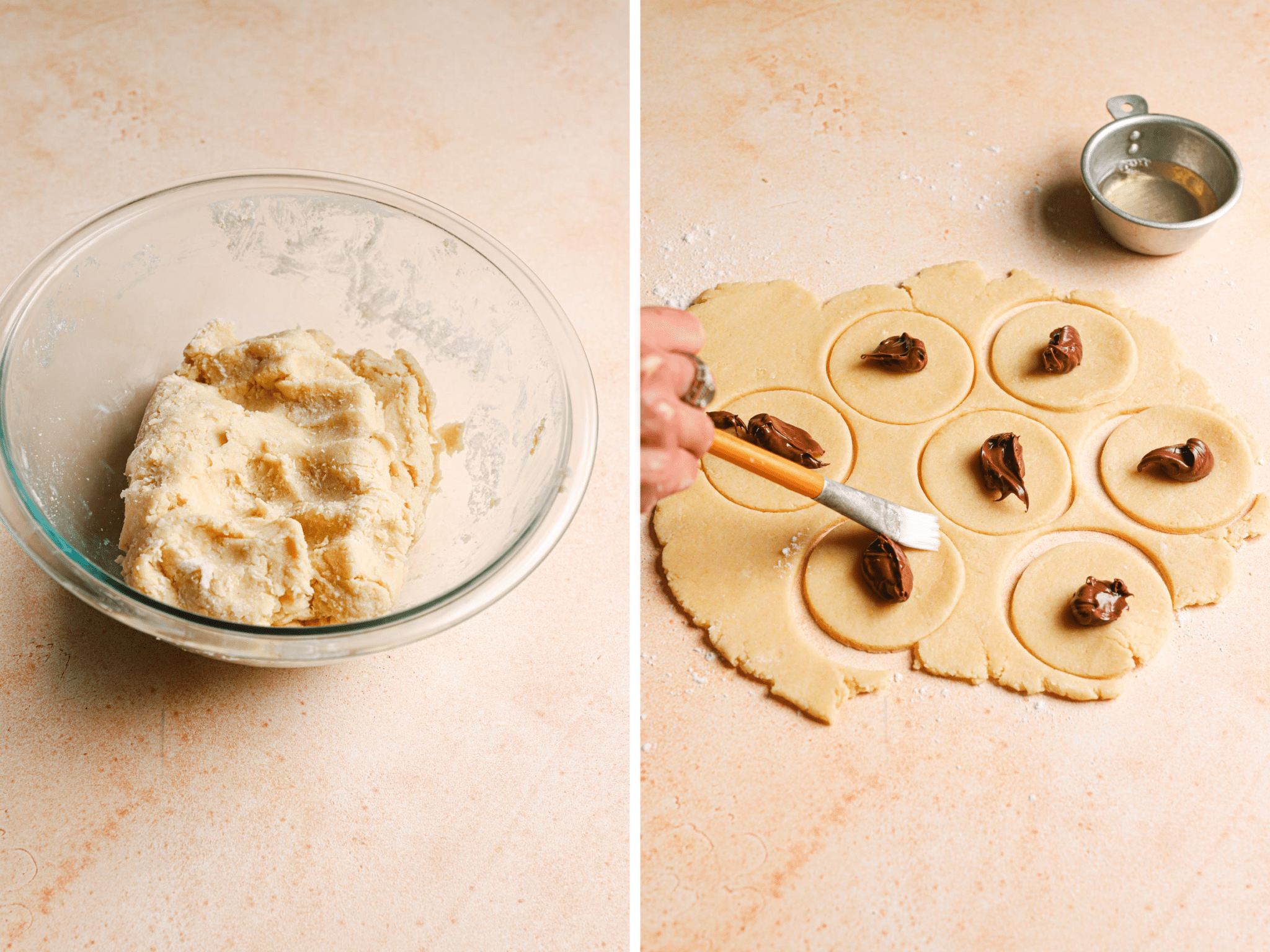 A bowl of dough and Hamantaschen dough circles with filling.