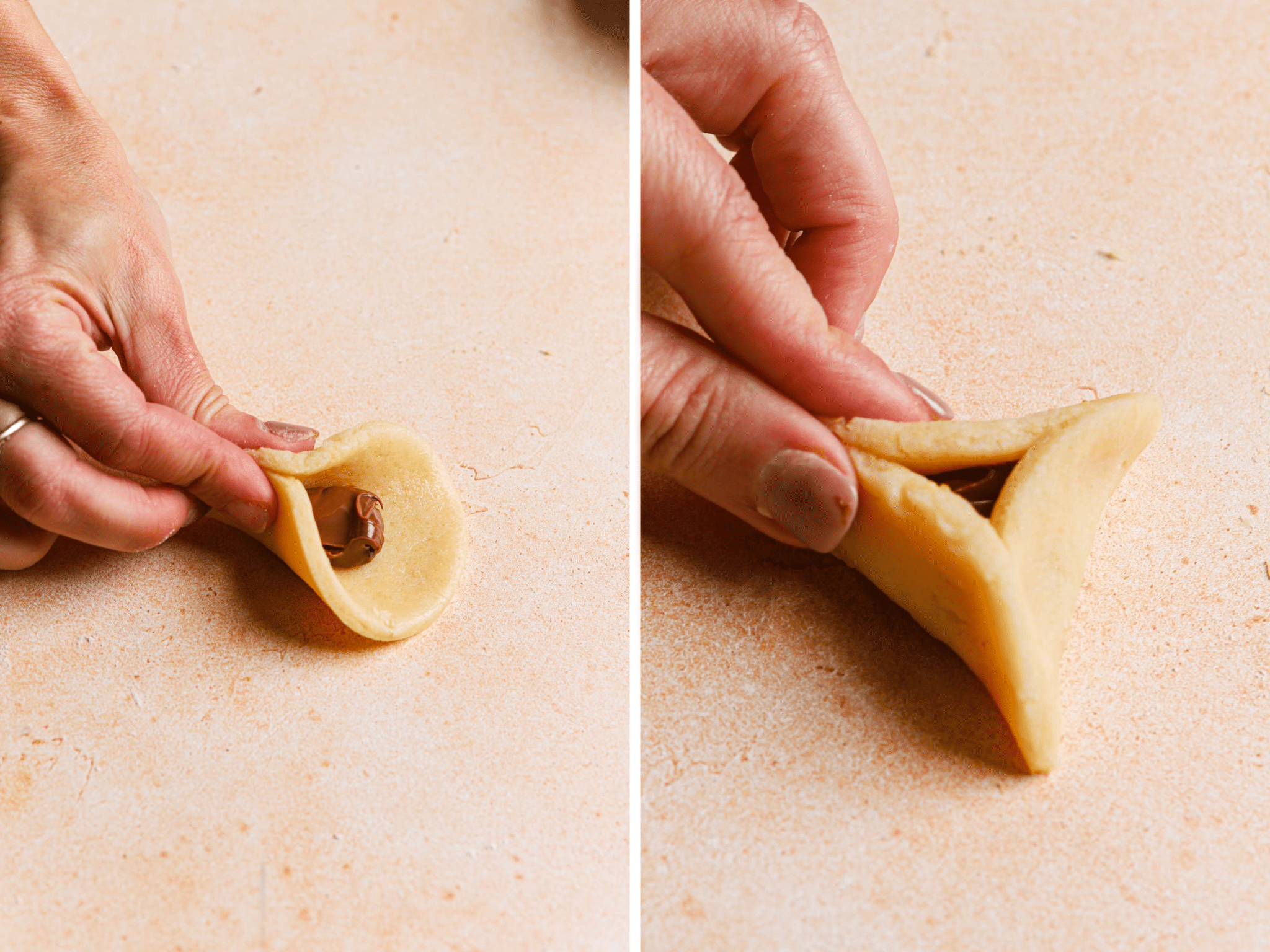 Hands showing how to fold and shape Hamantaschen cookies.